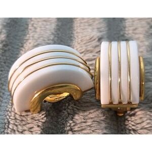 Trifari Crown White Lucite Earrings Clip On Gold Tone Half Hoop Art Deco Vtg MCM